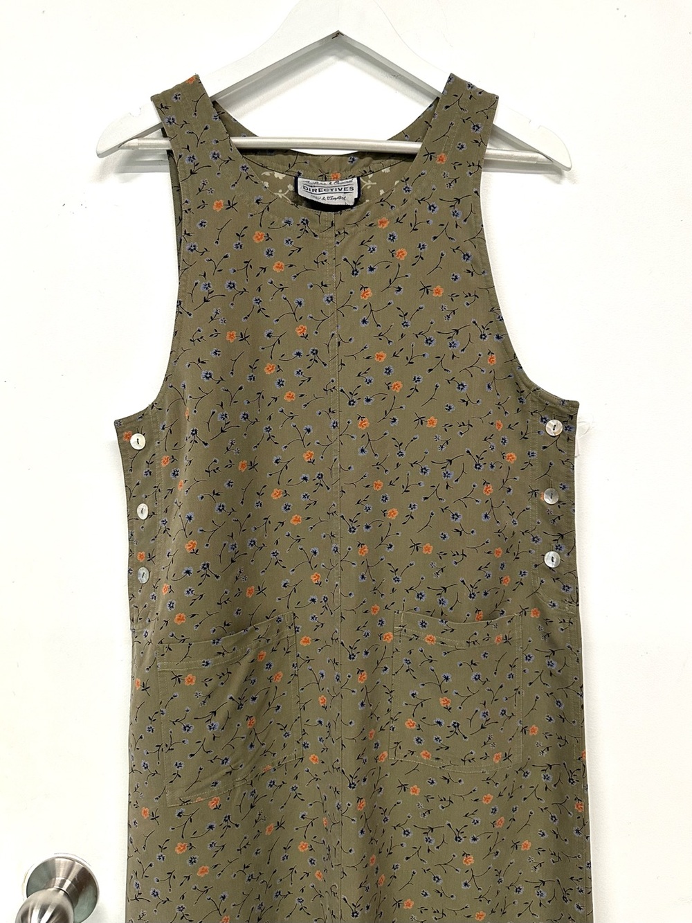 True Vintage 90s Ditsy Floral Maxi Jumper Olive Dress Pinafore Medium Prairie - Picture 8 of 9